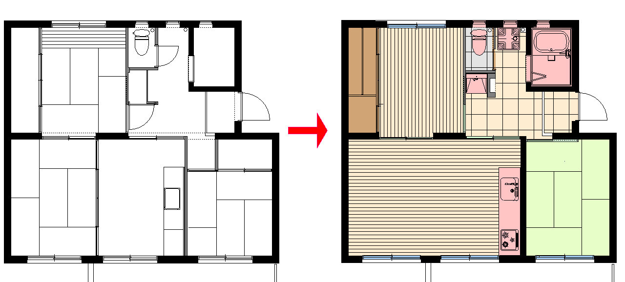 画像をクリックで拡大（平面図：施工前→施工後）